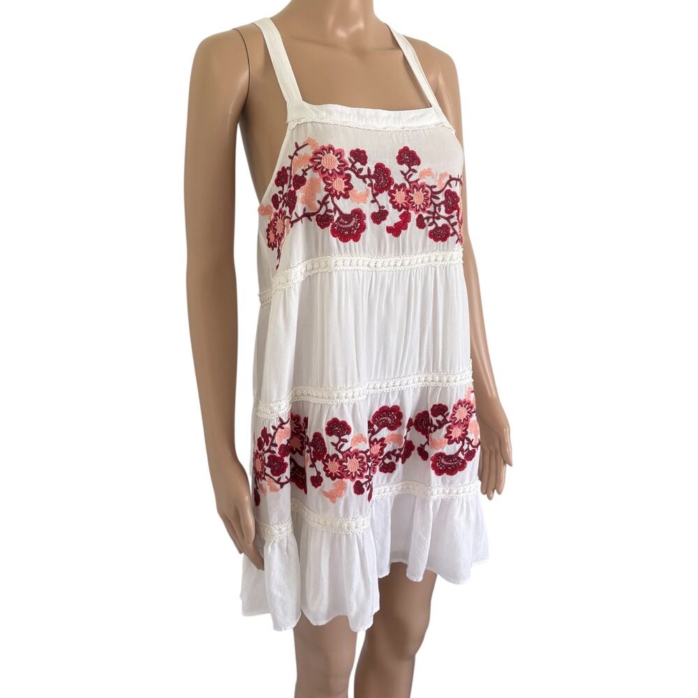 entro White Mini Dress with Red & Pink Floral Embroidery
